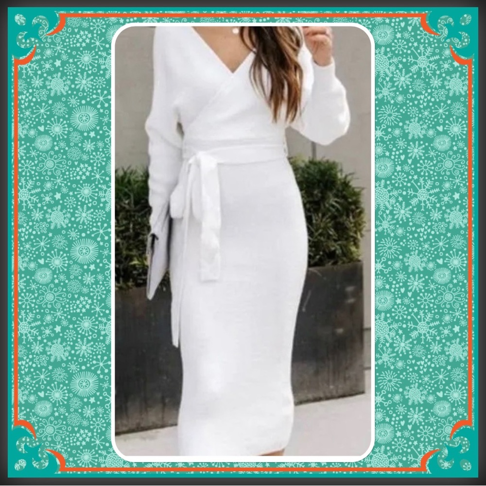 White v-neck knit, sweater knit dress